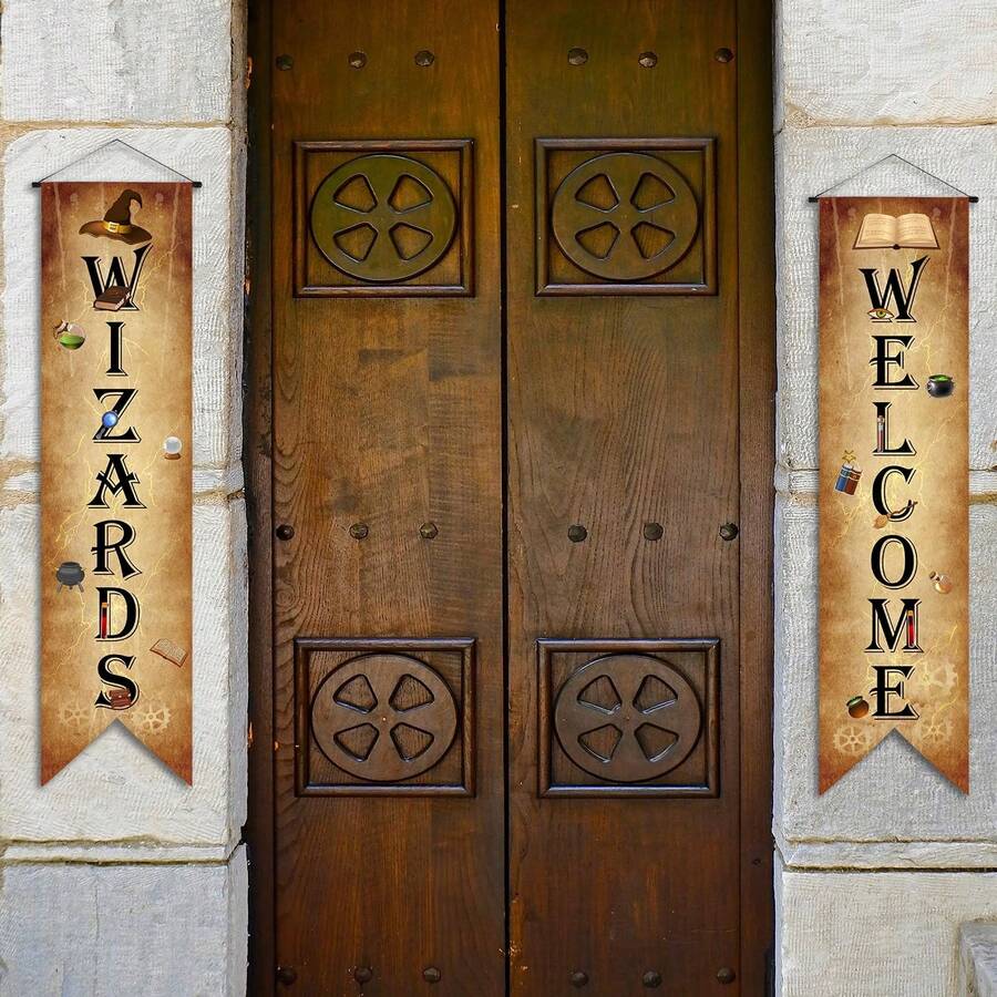 Welcome Wizards Door Banner - 2 Pieces - 50inch Long Wizard Banner - Polyester Magic Party Banners With Dowels And String For Easy Hanging - Wizard Party Door Decorations - Door Sign Set - A - View 1