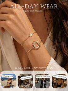 2 pièces/set Ensemble de bracelets empilables pour femmes, bracelet soleil et bracelet croix en strass, convient pour le port quotidien, le bureau, les vacances et les cadeaux - Strass - Voir 2