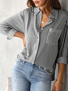 Autumn Fashion Black & White Striped Long Sleeve Shirt, Women's, Regular Fit, Lapel Collar Design, Pocket Detail, Back To School Season - Black - View 1