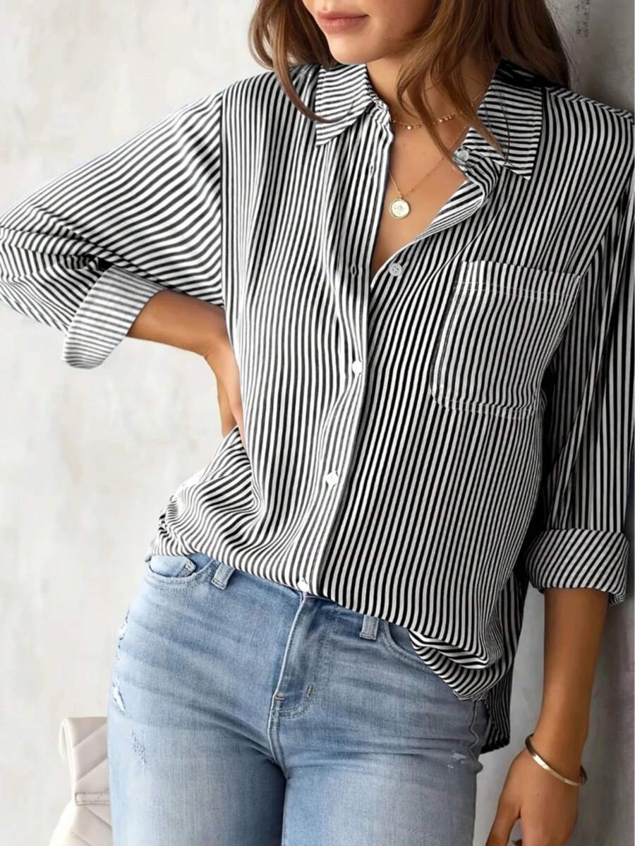 Autumn Fashion Black & White Striped Long Sleeve Shirt, Women's, Regular Fit, Lapel Collar Design, Pocket Detail, Back To School Season - Black - View 1