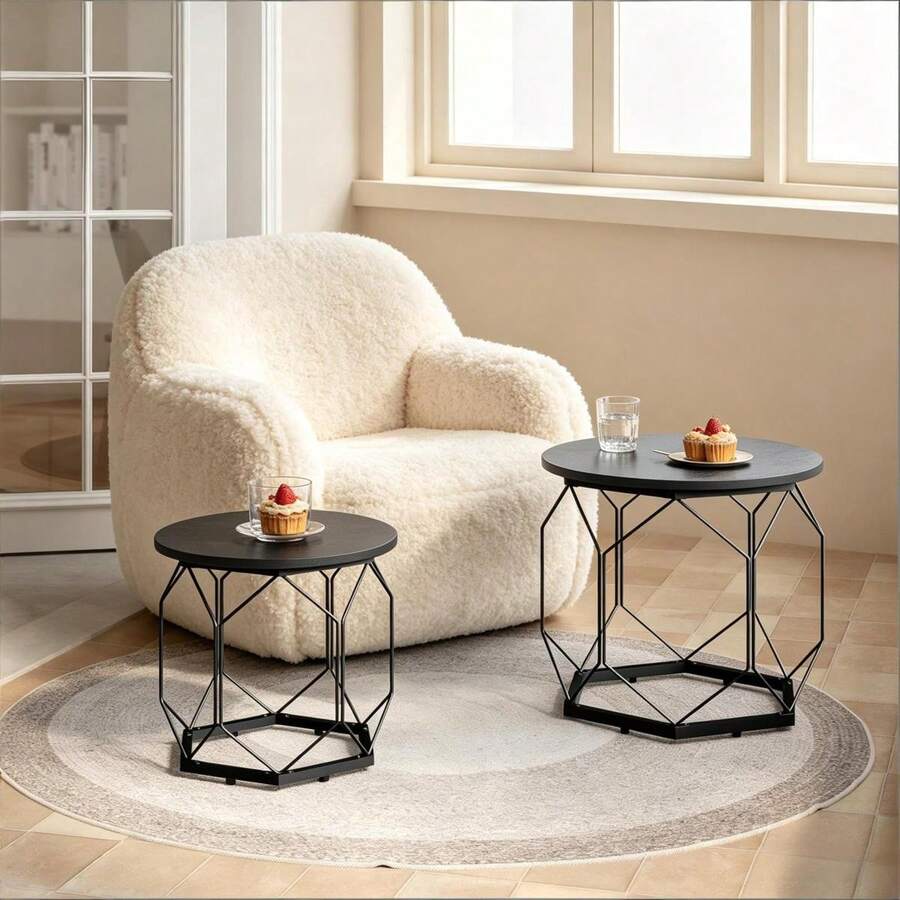 Nordic-Style Coffee Table With Wrought Iron Elements / Simple Round Coffee Table / Round Coffee Table With Removable Tabletop / Stackable Coffee Table / Suitable For Bedrooms And Living Rooms - 黑色 - 查看 1