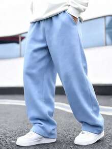 1pc Boys Loose Fit Thermal Lined Thick Warm Straight Leg Sweatpants Spring Autumn Winter - Baby Blue - View 2