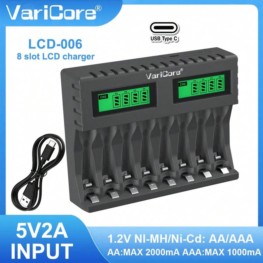 A LCD006 時尚 8 槽智慧電池充電器 - 4 顆 AA 與 4 顆 AAA NiMH/NiCd 電池充電孔、即時 LCD 電量顯示、多重安全保護（過充/過流）、輕巧便攜設計，適合旅行與日常使用