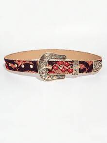 女款復古西式腰帶，紅黑提花布料搭配水鑽金屬雕花扣環，波希米亞風裝飾腰帶，牛仔褲與音樂節配件 - 紅黑-多色寶石扣 - 查看 3