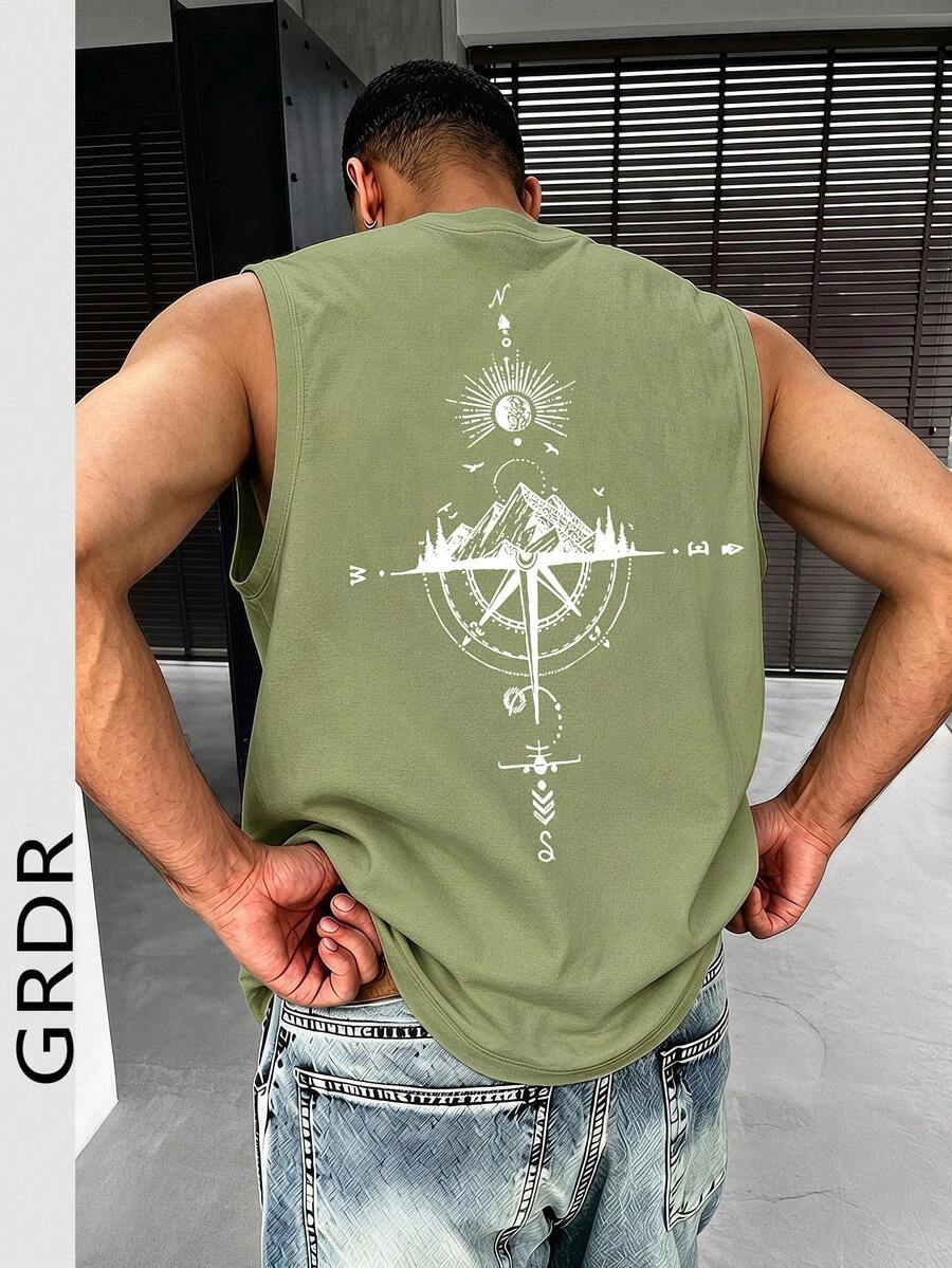 GRDR 男士夏季指南针和山峰印花休闲无袖背心 - 薄荷綠 - 查看 1