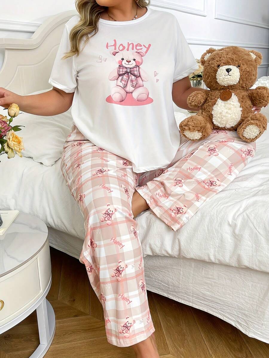 Plus Size Casual Comfortable Cartoon Print Short Sleeve Top And Plaid Print Long Pants Women's Loungewear 2 Pieces Pajama Set - White - View 1