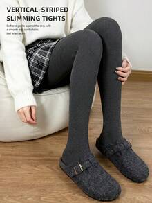 Women's Dark Gray Vertical Striped Tights, High Elasticity Slimming, Korean Slouchy, Autumn/Winter Commute Versatile Knit Leggings - Dark Grey - View 2
