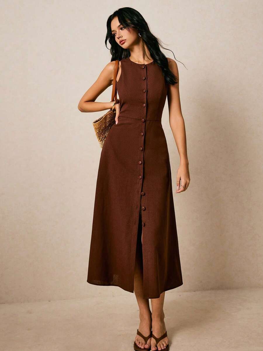 Women's Plain Burgundy Midi Dress, Sleeveless, Round Neck, A-Line Style With Front Buttons And Flared Hem - Pearl White - View 1