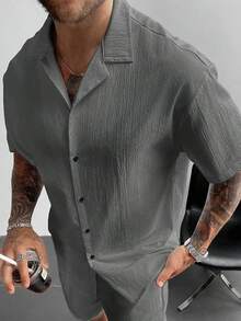 GloMan Old Money Men's Cuban Collar Linen Short Sleeve Shirt,Loose Fit Casual Comfortable Beach Shirt,For Men Vacation,Summer/Autumn,Father/Husband - Grey - View 4