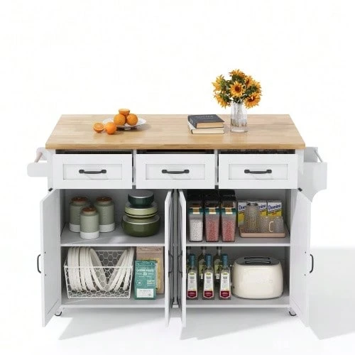 Kitchen Island With Fold-Down Worktop, Equipped With 5 Lockable Casters, 4 Doors, 3 Drawers, Door Shelf, Double-Sided Towel Rails, Barn Style Design, White, 140x43(70)X90.5 Cm. - White - View 1