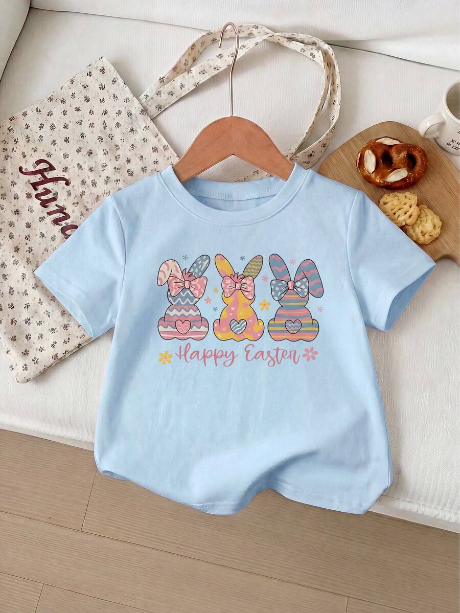 Top casual de verano para niñas con manga corta, estampado de conejo de dibujos animados, rayas de colores, estilo preppy minimalista y lindo - Azul - Ver 1