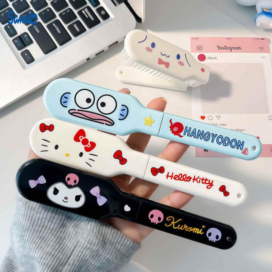 SANRIO 迷你便攜可愛三麗鷗角色折疊髮梳,塑膠旅行梳,Hello Kitty、Kuromi 與 Pochacco 圖案,馬卡龍色卡通設計,適合日常理髮與梳理,適用生日派對、聖誕禮物與兒童假期 - A - 查看 1