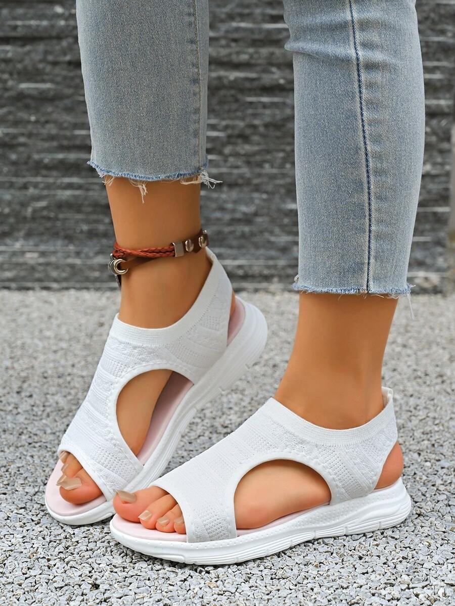 New PU Sole Women's Sports Casual Sandals Peep Toe Plus Size Elastic - White - View 1