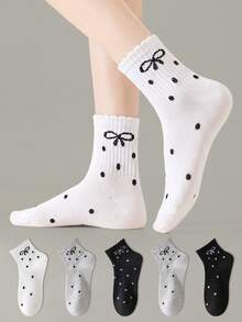 ZUJO 4 Pairs Women's Polka Dot Bow Pattern Lace Trim Mid-Calf Socks, Soft And Breathable, Suitable For All-Season Daily Wear, Random Color - Multicolor - View 3