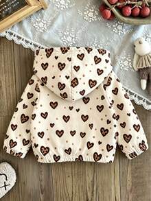 Young Girl Cherry Print Warm Hooded Jacket - Apricot - View 2