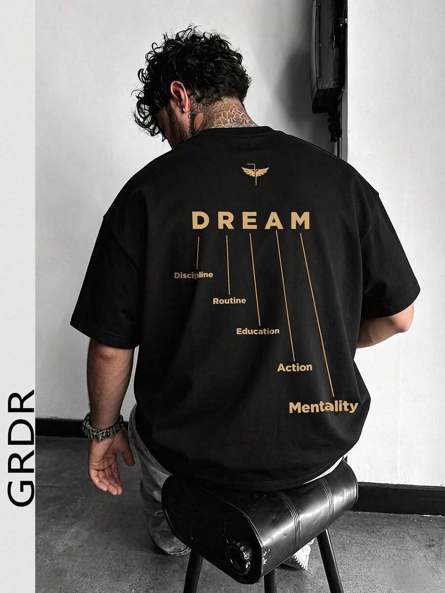 GRDR 男士时尚印花宽松短袖T恤 | 精致设计 | 夏季必备 | 易于搭配，展现您的风格 - 黑色 - 查看 1