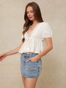 Top de verano bohemio estilo country-western con cuello en V profundo, lazo, flecos frontales, mangas cortas abombadas y volantes, confeccio - Albaricoque - Ver 5
