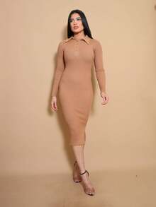 Helena Long-Sleeved Modal Knit Midi Dress For Autumn/Winter - 摩卡棕 - 查看 4