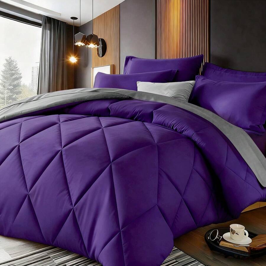KTABEDDING 2/3PCS Minimalist Luxurious Diamond Grid Large Size Comforter Soft Microfiber Breathable Easy Care For All Seasons Bedding Set With Down Altemative Comforter And Pillowcases Large Size Bedroom Decor And Accessories Many Colors Available - Dusty Purple - View 1