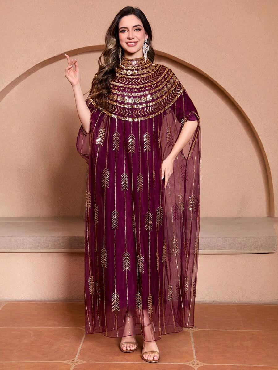 JINLICX Luxury Purple Gold Rhinestone Beaded High‑Neck Cape Banquet Kaftan Maxi Dress