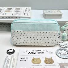 可愛貓咪拼接圓點大容量多口袋文具收納袋，適合學校與辦公室使用 - 波點小貓 - 查看 11