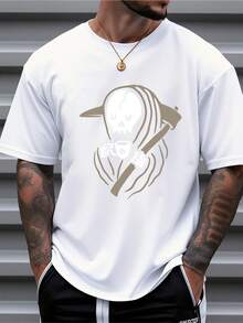Herren T-Shirt aus reiner Baumwolle mit kurzen Ärmeln, lässig, Oversized, mit Totenkopf- und Sense-Grafikdruck, für den täglichen Gebrauch - Weiss - View 6