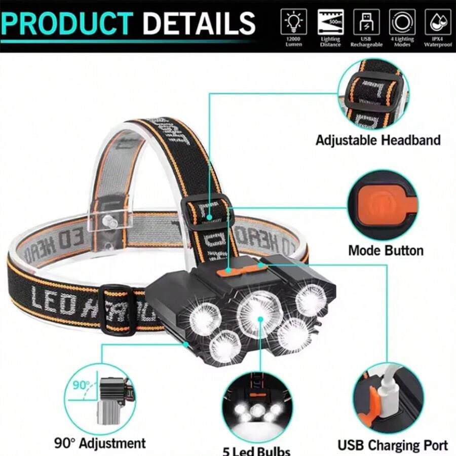 1pc 6-LED Professional Headlamp, 180° Adjustable With 4 Lighting Modes For Camping Hunting Hiking - 頭燈 - 查看 1