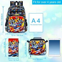 3pcs Boys Racing Car & Checkered Flag Print Durable Material & Buckle Closure Cool Sporty Style 16 Inch Backpack Set For Back-To-School & Daily Travel - Black - View 5