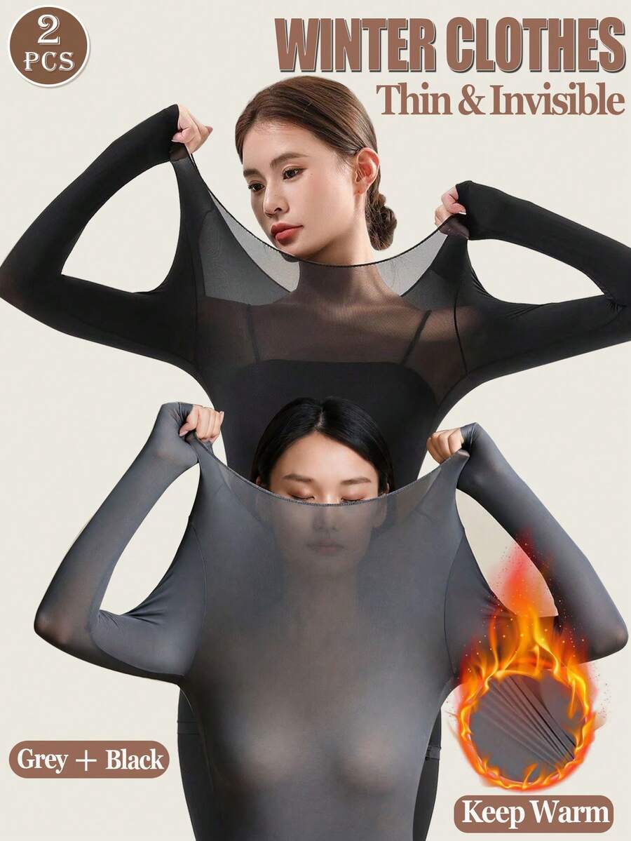 2件組女款無縫超薄保暖發熱長袖圓領內搭上衣,輕量秋季/冬季層搭襯衫 - 彩色 - 查看 1