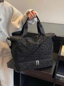 豹紋防水隨身旅行袋 購物袋 瑜珈袋 大容量可摺疊收納袋 可擴展旅行游泳健身袋 - 黑色 - 查看 3