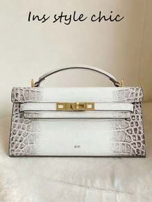 Sophisticated Commuter Style White-Brown Gradient Crocodile Embossed Handbag, Textured Spring Edition, Gold Buckle With Gradient Embossed Pattern, Clean Lines And High-End Details, Suitable For Office Commute, Client Meetings, Short Business Trips, Balancing Practicality And Elegant Elegant - White - View 8