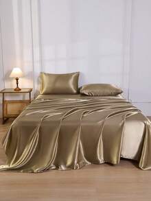 4Pcs Golden Color Premium Plain Silky Satin Sheet Set Bedding Set, 1pc Fitted Sheet & 1pc Flat Sheet& 2pcs Pillowcase Bedding Mattress Protector Set (Not Including Pillow Core) - Gold - View 2