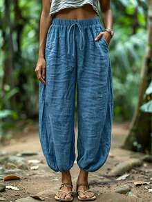 Women's 2026 Summer Bohemian Style Solid Color Pants, High Waist Elastic Drawstring Loose Oversized Casual Beach Vacation Long Pants With Pockets - Blue - View 3