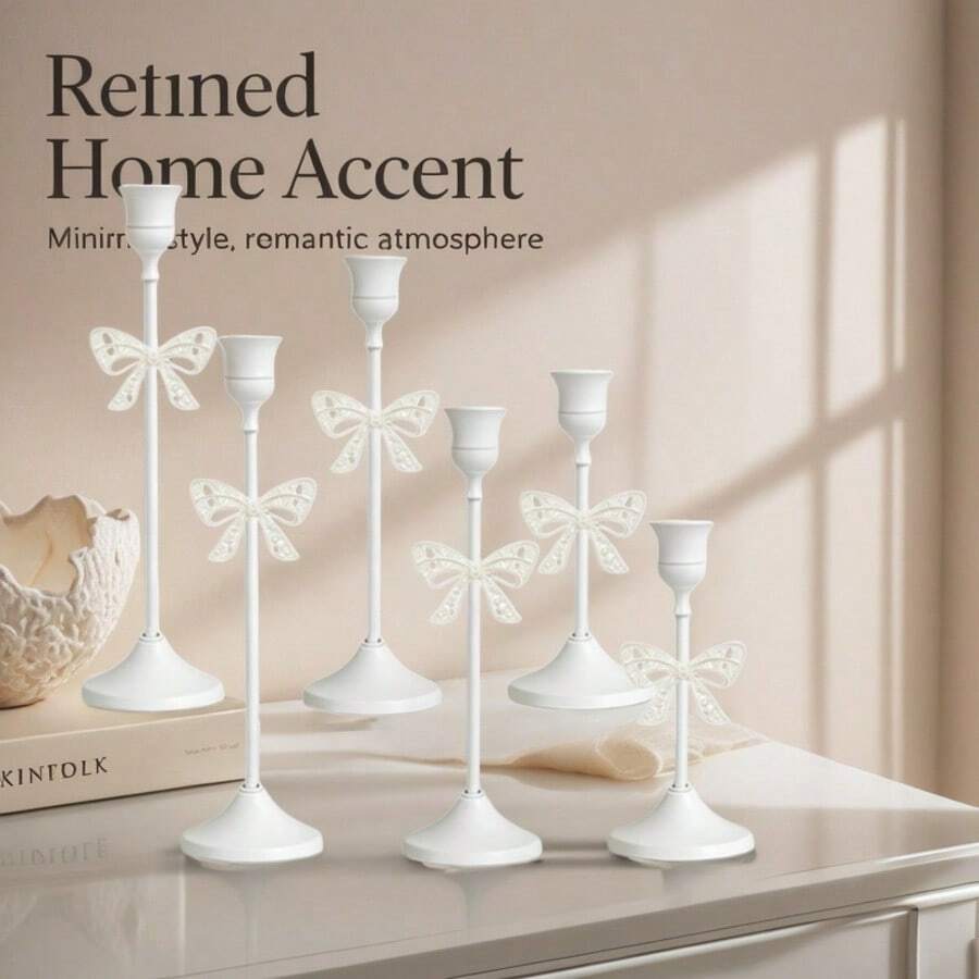 3pcs/6pcs Romantic White Candle Holders, Bow-Knot Conical Candle Holders, Elegant Stand Decoration For Dining Table Centerpiece, Suitable For Dining Table Party Decoration, Home Gathering Tabletop Decoration, Wedding Venue Decoration And More (Candles Not Included) - Multicolor - View 1