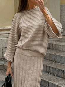 Women's Knitted Long Sleeve Batwing Sleeve Crew Neck Regular Fit Top, Suitable For Autumn/Winter Wear, Medium Stretch Comfortable Ribbed Knit Design - Khaki - View 9