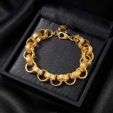 1pc Hip Hop 18K Gold-Plated Carved Rough Round Copper Bracelet, Suitable For Men And Women Daily Party Gift Giving Wear, Fashionable Punk Jewelry - Gold - View 3