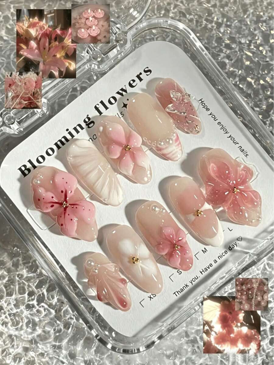10片裝 3D粉色花朵凝膠美甲貼片 杏仁形穿戴甲,奢華甜美浪漫風,裸色漸層白色光澤,可重複使用全覆蓋,適合日常與婚禮場合 - 彩色 - 查看 1