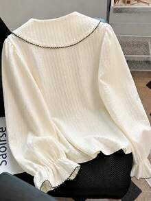 Tween Girls Peter Pan Collar Blouse, Contrast Trim Textured Button Up Shirt, Teen Tween Girl Cute Long Sleeve Ruffle Cuff Top - Apricot - View 6