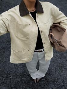 Vintage Colorblock Lapel Off-White Utility Jacket Women Loose Fit Multi-Pocket Casual Shirt Jacket - Apricot - View 1
