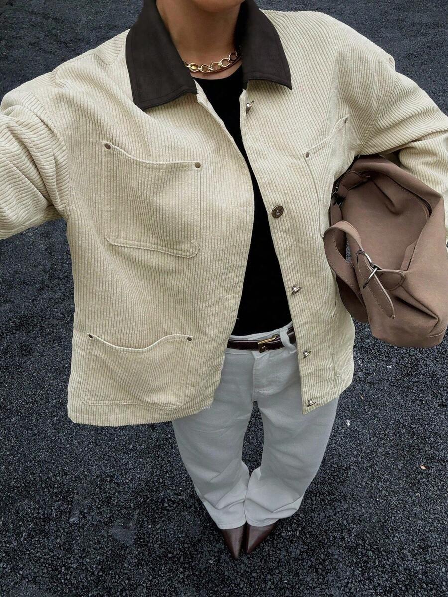 Vintage Colorblock Lapel Off-White Utility Jacket Women Loose Fit Multi-Pocket Casual Shirt Jacket - Apricot - View 1