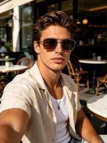 1pc Men's Fashion Glasses, Square Frame, European And American Style Fashion Design, Business Casual Fashion Glasses, Personalized Glasses, Unique Customized Glasses, Suitable For Daily Outings, Going Out, Driving, And Outfit Matching - Gold - View 1