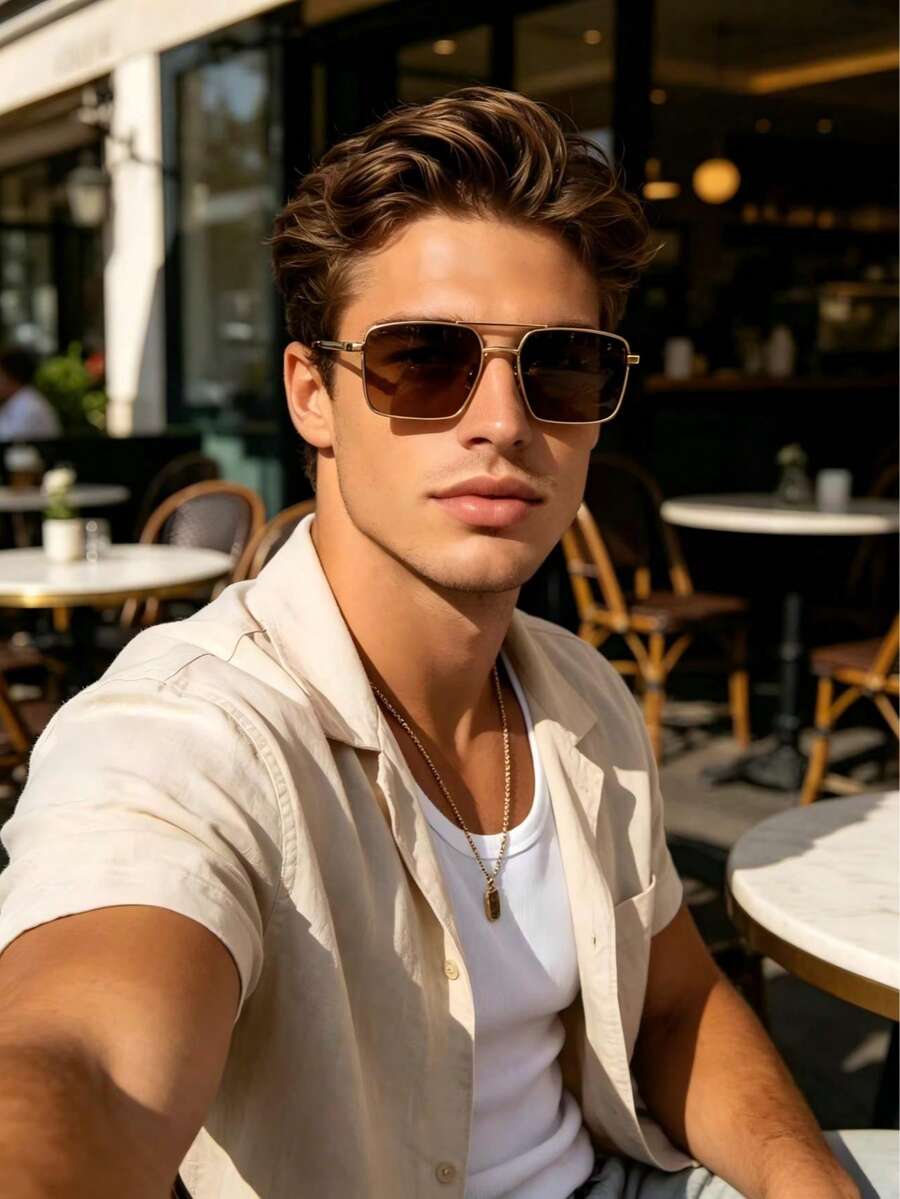 1pc Men's Fashion Glasses, Square Frame, European And American Style Fashion Design, Business Casual Fashion Glasses, Personalized Glasses, Unique Customized Glasses, Suitable For Daily Outings, Going Out, Driving, And Outfit Matching - Gold - View 1