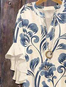 Blusa con cuello de volantes con estampado floral, de tela de poliéster, adecuada para vacaciones, uso diario, viajes, primavera/verano - Azul - Ver 5