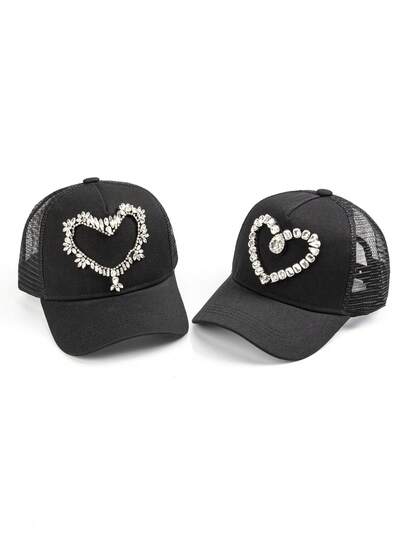 1pc Women's Heart-Shaped Rhinestone Embellished Solid Color Sports Baseball Cap, Outdoor Sun Protection Mesh Hat, Fashionable Versatile Commuter (Adjustable Trucker Hat), Suitable For Spring And Summer Outdoor Beach Sun Protection Occasions, Suitable For Sports Use