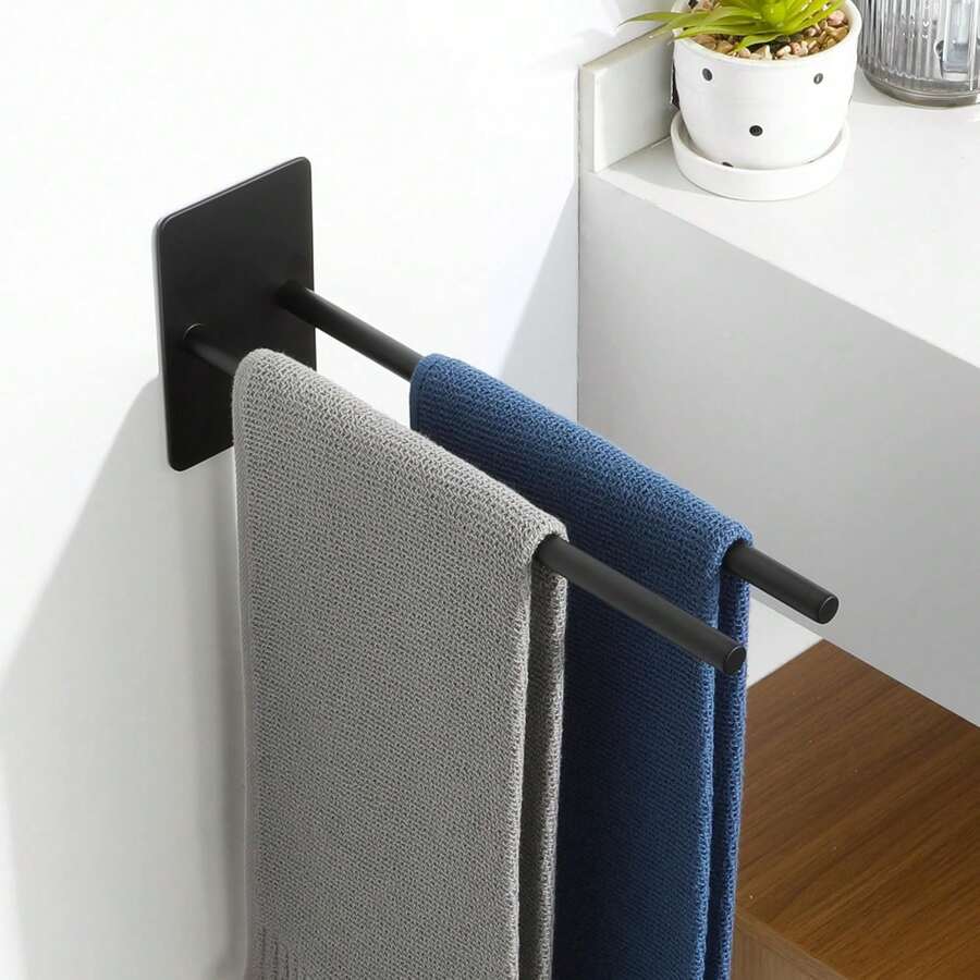 Porta asciugamani a doppia barra in acciaio inox nero, fissaggio adesivo senza fori, lunghezza 30 cm, per bagno e cucina - nero - Visualizzare 1