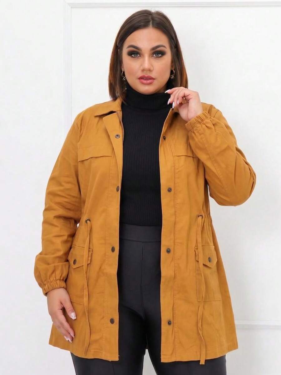 Plus Size Winter Jacket, Fitted Overcoat, Parka, Cold Weather Coat, Bengaline Fabric, Pockets, Buttons And Zipper. - Mustard - View 1