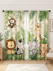 2 buah Tirai Motif Hewan Hutan Utama, Elemen Singa, Gajah, Harimau, Jerapah, Zebra, Model Kantong Batang, Cocok untuk Dekorasi Kamar Tidur dan Ruang Tamu, Tirai Dekoratif. - MultiWarna - View 6