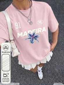 Navy Blue "MADEIRA" Lily Flower & "91" Letter Print Loose T-Shirt - Y2K Street Style Women's Casual Sports Top Vacation Pink Summer - Pink - View 2