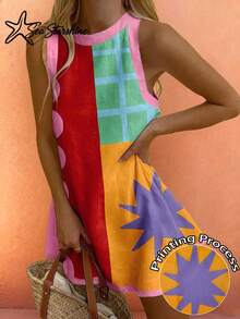 Sea Starshine Spring/Summer New Arrival: Bohemian Style "Dopamine" Color Block A-Line Dress - Features Star And Geometric Prints Elegant - Multicolor - View 1