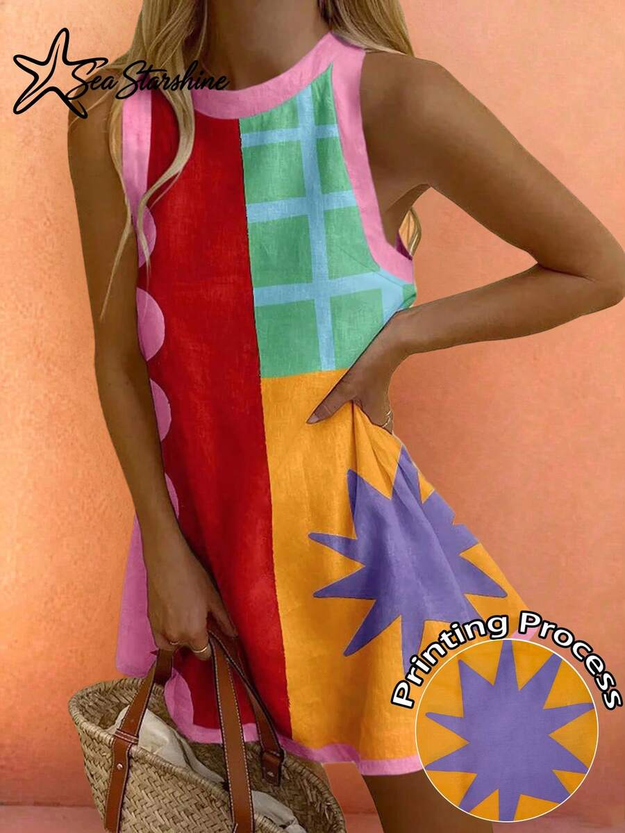 Sea Starshine Spring/Summer New Arrival: Bohemian Style "Dopamine" Color Block A-Line Dress - Features Star And Geometric Prints Elegant - Multicolor - View 1